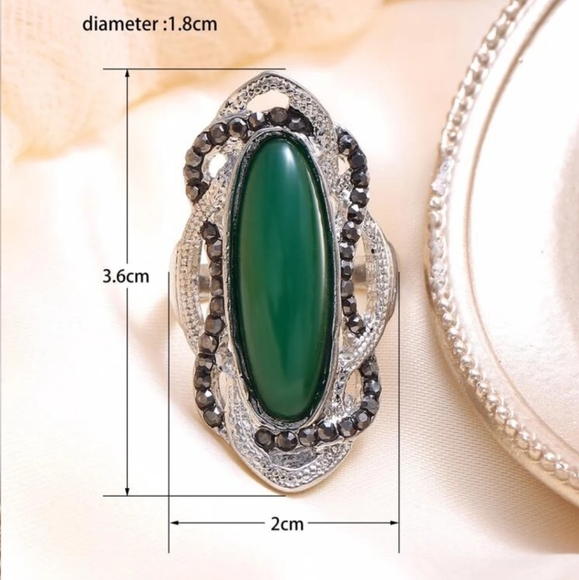 RESTOCKING BOHO GIANT COCKTAIL RING INDEX RING LARGE GREEN RHINESTONE SILVER - Picture 4 of 9